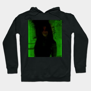 Portrait, digital collage and special processing. Somewhat scary, but pleasant girl. Dark side. Green. Hoodie